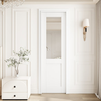 24" x 80" Mirror Door, Half‑Lite Premium Mirror Interior Slab Door, White Primed Paint‑Ready Interior Slab Door, w/o Hardware, Perfect for Bedroom, Closet, Hallway, Living Room, Pantry & Bathroom, Ideal for Barn, Pocket, French & Bifold Doors