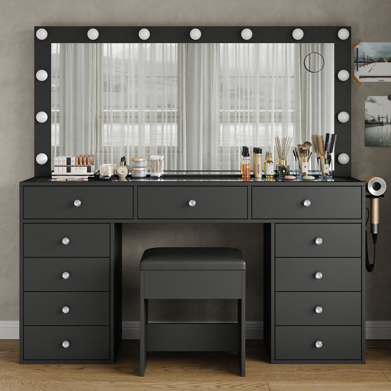 Makeup Vanity With Mirror And Lights, 3 Lighting Modes, Vanity Desk With Power Outlet, 11 Drawers Vanity Table, Fold-Up Pane Dressing Table Set