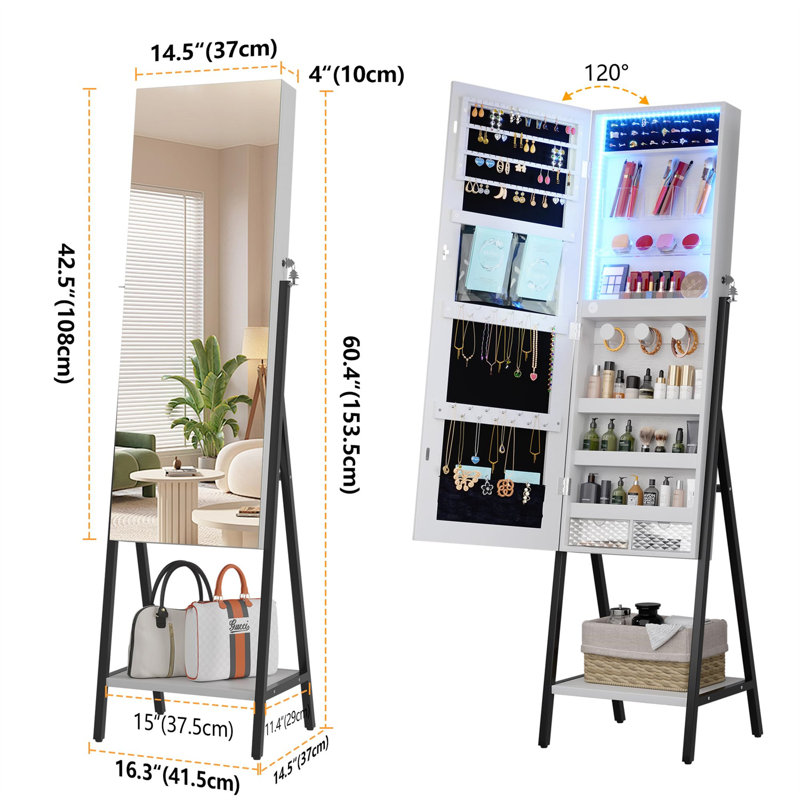 Armoire à bijoux moderne avec design de grande capacité et miroir pleine longueur, Blanc