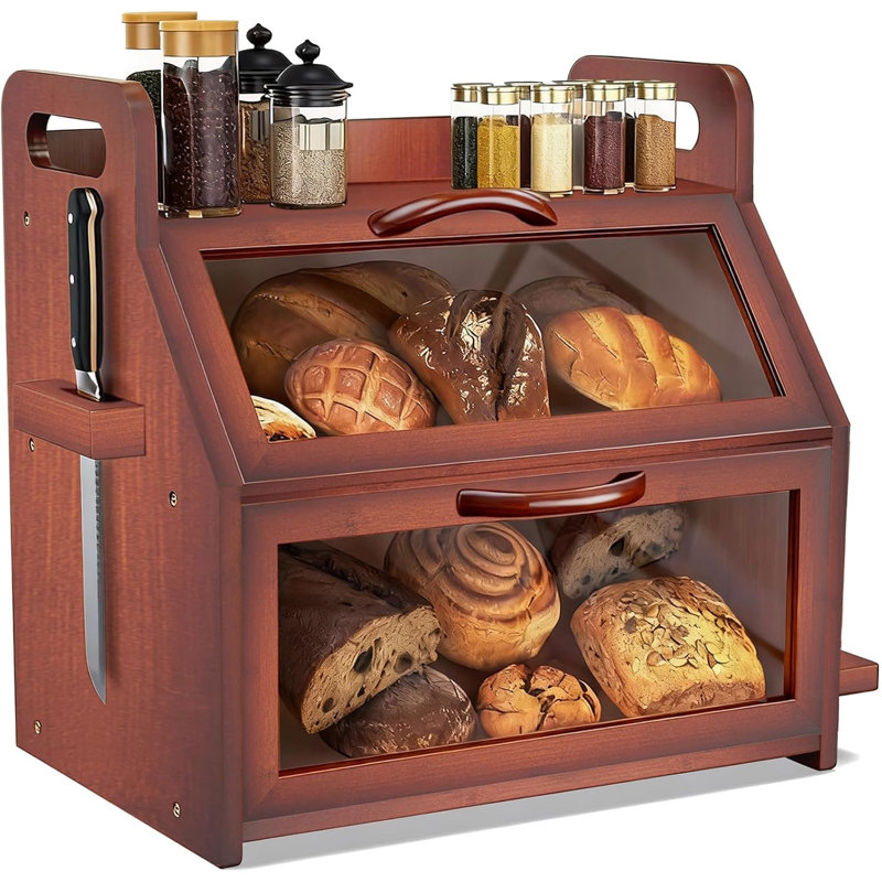 Boîte à pain double couche, contenant à pain en bois de bambou avec porte-outils, brun