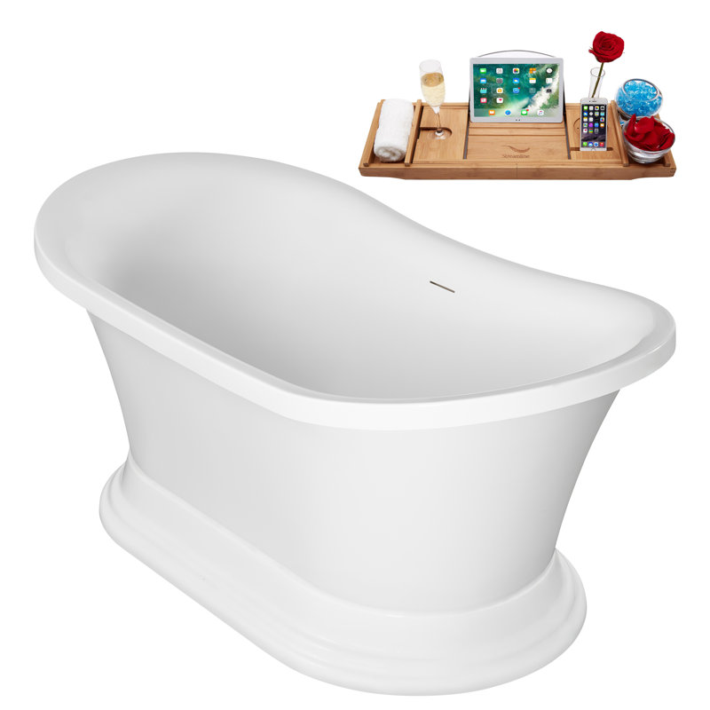 Baignoire autoportante en acrylique 59 ", plateau en bambou, drain Streamline, Laiton brossé