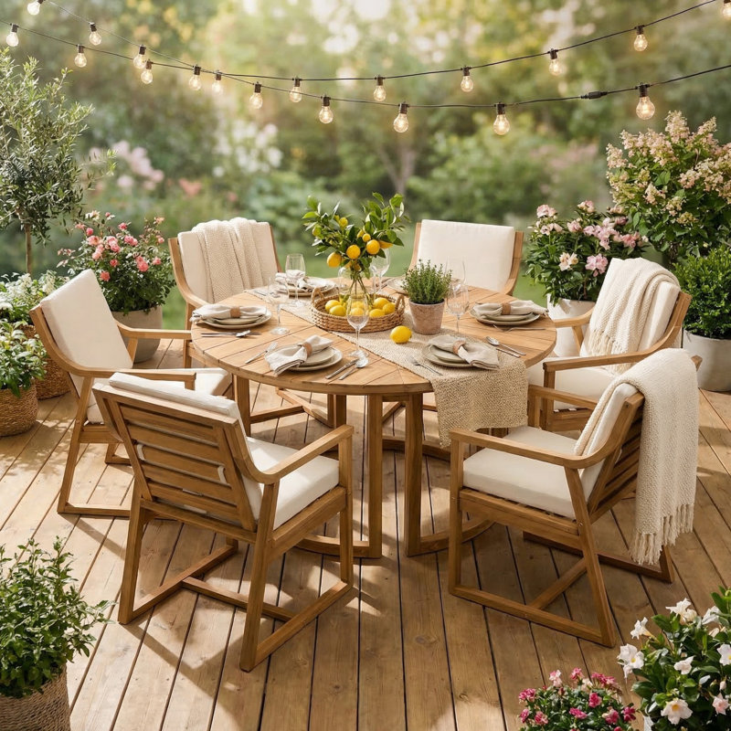 Patio Dining Table Set for 6, Round Dining Table with Umbrella Hole, Outdoor Wooden Patio Furniture Set with Removable Cushions for Garden