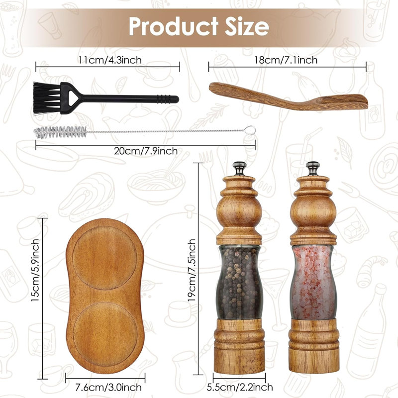 Ensemble moulin à sel et à poivre en bois d'acacia de 20 cm avec plateau en bois, brosses et cuillère
