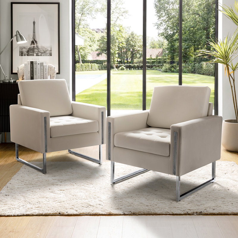 Fauteuil club Amelianna en velours capitonné de 31,5 po de largeur (ensemble de 2), Velours ivoire