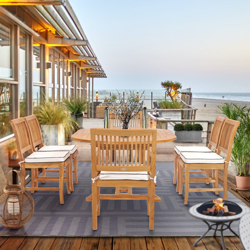 6 - Person Teak Wood Patio Dining Set with Round Table , Cushions Included