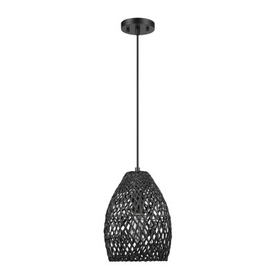 1-Light Matte Black Pendant Lighting with Twine Shade