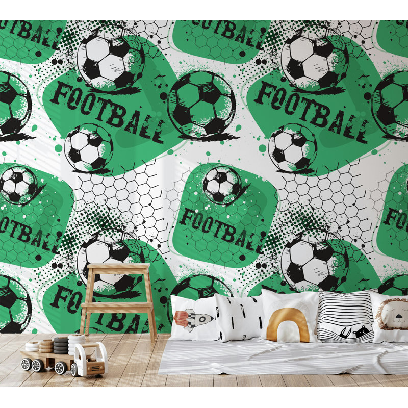 Green Soccer Print Kids Room Wallpaper, 105.96" L x 187" W
