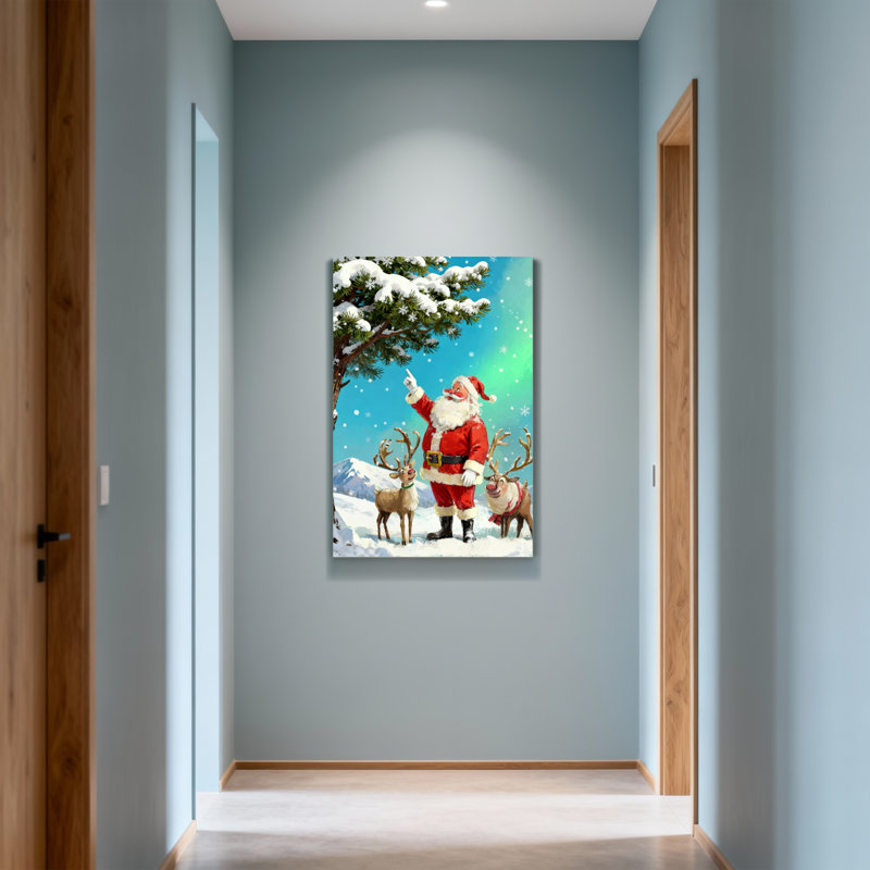 Noël père Noël avec renne dans un paysage enneigé, H 18 po x l 12 po