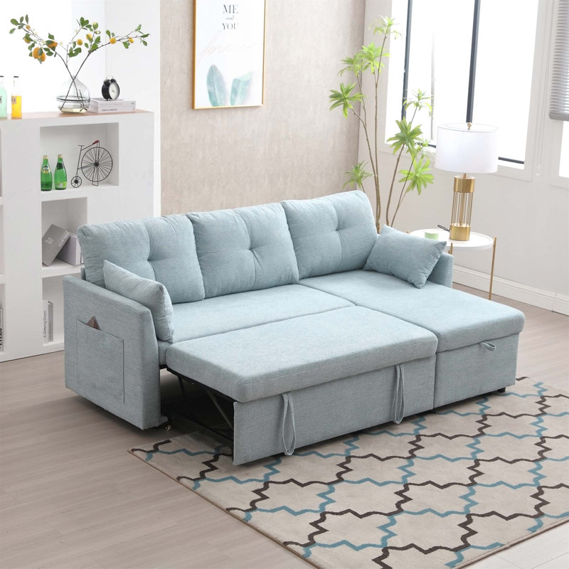 Canapé modulaire en L avec méridienne réversible, Chenille vert menthe