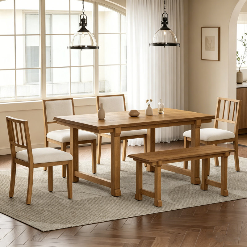 Ensemble de salle à manger de ferme 6 pièces avec structure en bois massif et chaises ergonomiques à double style (noyer et beige)