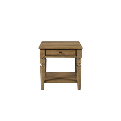 Table d'appoint au fini amande, placage, tiroir fini, pieds classiques et tablette ouverte pour un rangement supplémentaire, profondeur 60,3 cm, poids 21,3 kg, étagère design à un pied, largeur 64,3 cm.
