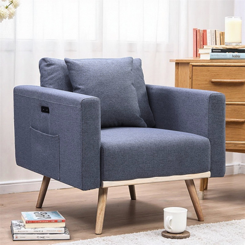 Chaise 32,5 po en tissu de lin gris foncé avec double ports de charge USB et poches de rangement