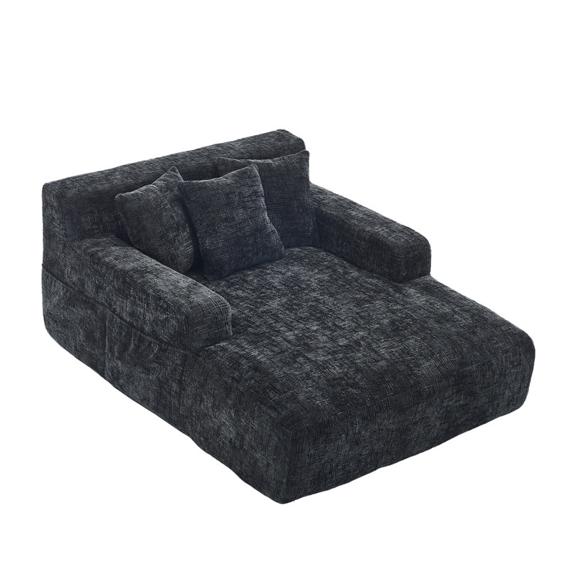 Contemporary Chenille Interior Lazy Sofa Chaise longue Armchair with three pillows, Black