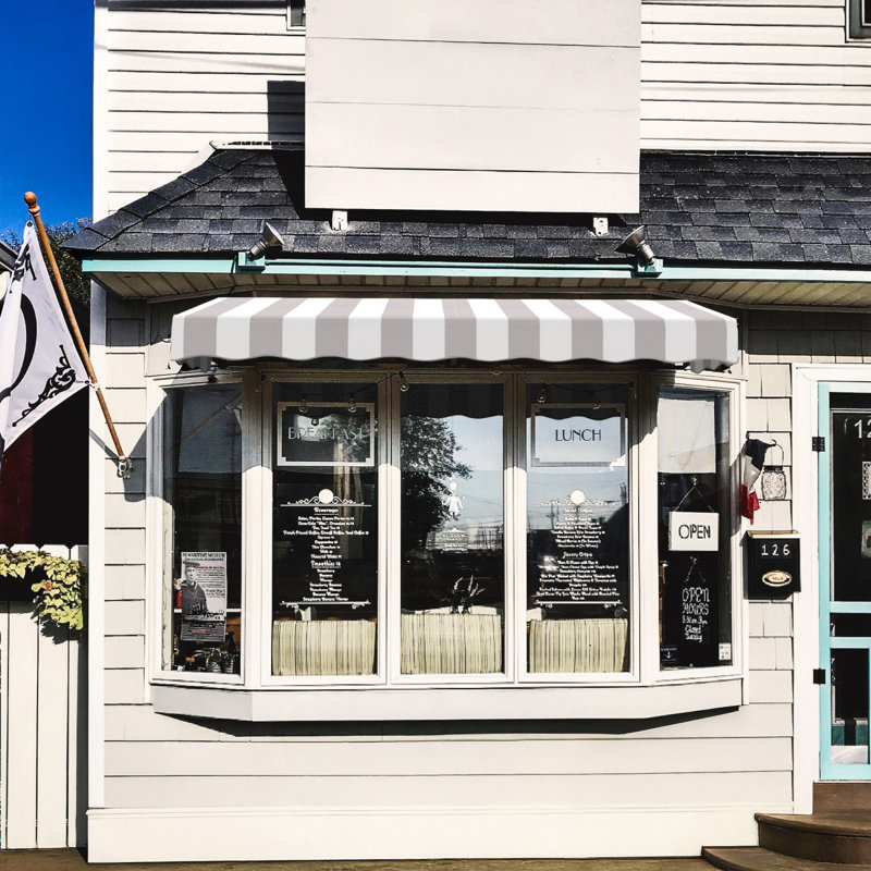 Awntech San Francisco Acrylic Fabric Fixed Awning, Gray/White Stripe, 24" H x 88.5" W x 42" D