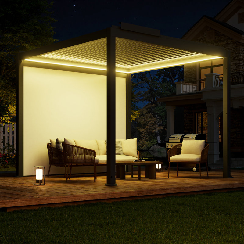 Motorized Louvered Aluminum Pergola With LED Light, Electric Screen And Solar Rain Sensor, 10' x 10'
