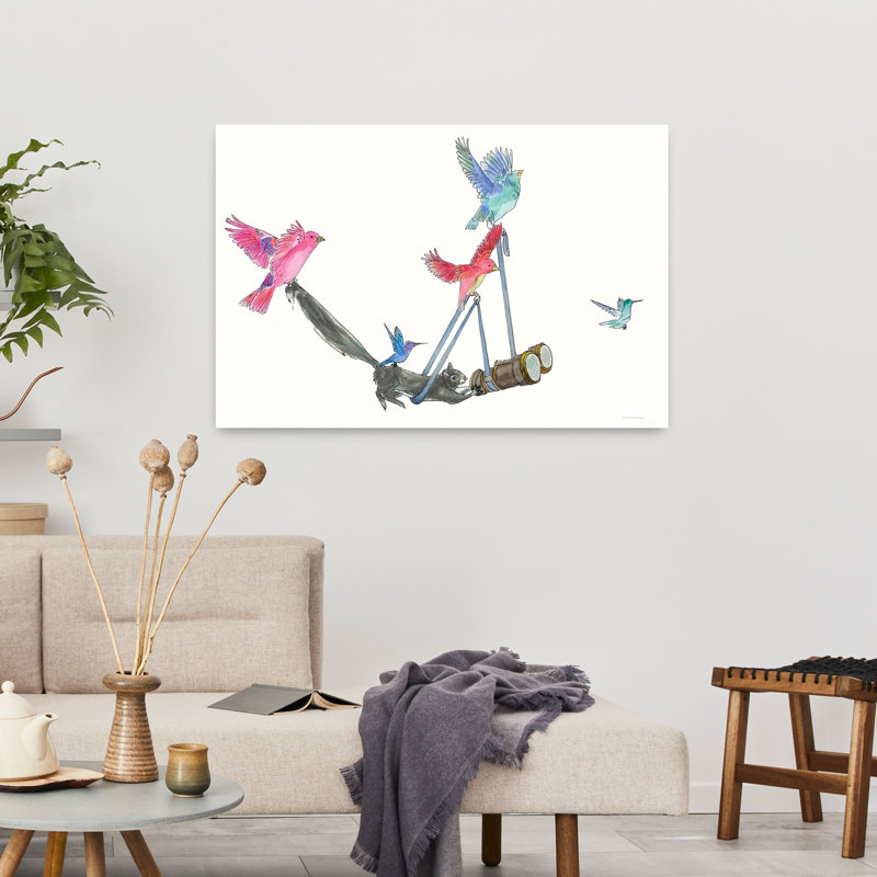 Oiseau qui regarde un oiseau abstrait, fantaisiste, contemporain, écureuil, forêt printanière, art, H 24 po x l 36 po