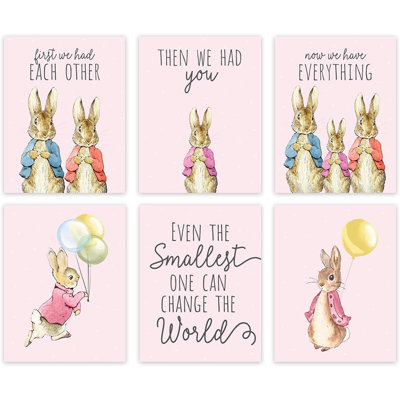 Peter Rabbit Theme Nursery Kids Bedroom Unframed Hanging Wall Art Poster Room Decor, 8.5x11-inch, Pink, First We Had Each Other Then You Now Everything, 6-Pack