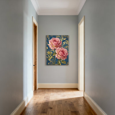 Roses roses et motif floral doré sur toile, ensemble de 1 reproduction d'art sur toile