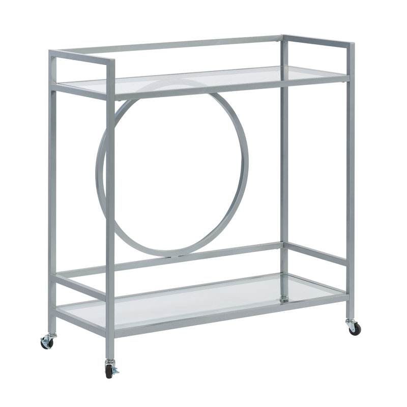 Élégant chariot à roulettes contemporain avec finition argentée, deux tablettes en verre, verrouillables pour les espaces de vie et tablettes grises durables pour la cuisine, installation rapide