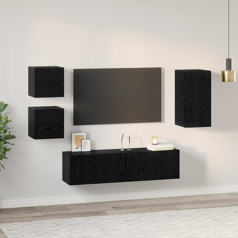 TV Cabinet Set Wall-Mounted 5 Pcs Engineered Wood, Black Oak