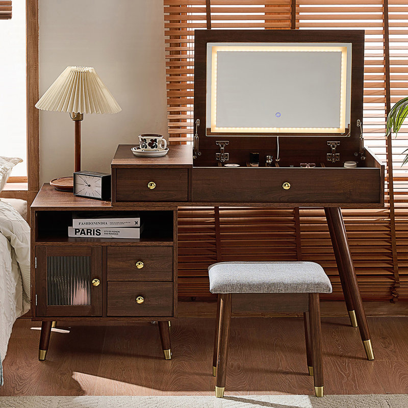 Bureau de coiffeuse 3-en-1 avec miroir éclairé, couvercle rabattable et armoire réglable, coiffeuse à maquillage avec tabouret