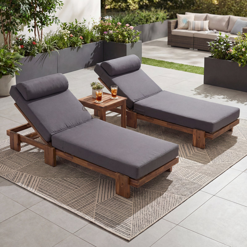 78.8" Acacia Wood Outdoor Chaise Lounge, Adjustable Recliner with Headrest & Retractable Side Tray for Patio, Poolside, Garden