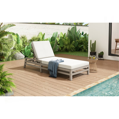 Chaise longue d'extérieur réglable à 5 positions, fauteuil de patio en bois massif avec coussins épais, résistant aux intempéries pour la piscine, le balcon et le jardin (gris)