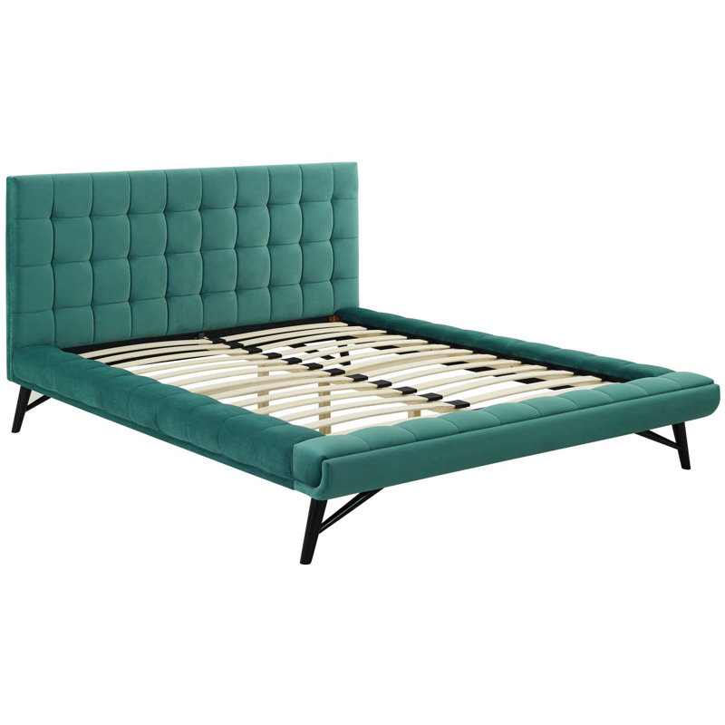 Grand lit plateforme tapissier en tissu touffeté Julia, Tissage uni bleu sarcelle