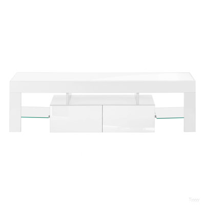 Meuble télé, console de 63 po, meuble multimédia, meuble de rangement, salon, chambre à coucher, stratifié blanc brillant, contemporain, moderne