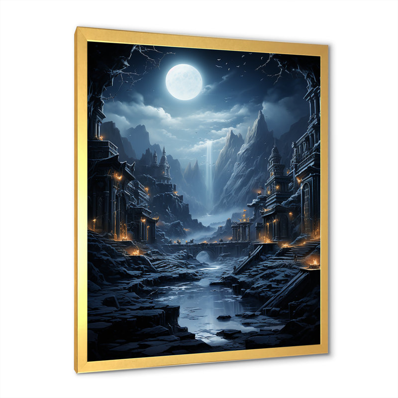 Moonlit Cliffside Mistery Landscape II - lune, art mural, Cadre doré simple, H 20 po x l 12 po x P 1 po