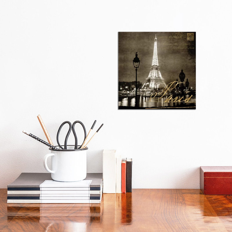 Paris At Night In Sepia by Kate Carrigan - Print on Canvas, 30.48 cm H x 30.48 cm W, Wrapped Canvas