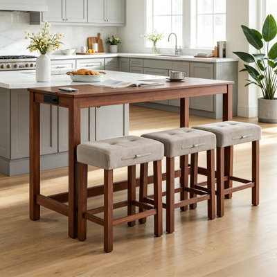 Bar Table Set with Stools Solid Wood Farmhouse Industrial Kitchen Dining Sofa Table with USB & Type-C Power Outlet