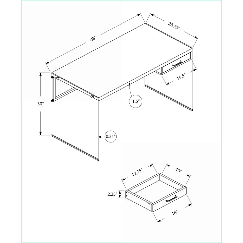 Bureaux, bureau d'ordinateur contemporain moderne avec tiroir de rangement, L 48 po, verre trempé transparent | brun | panneau de particules