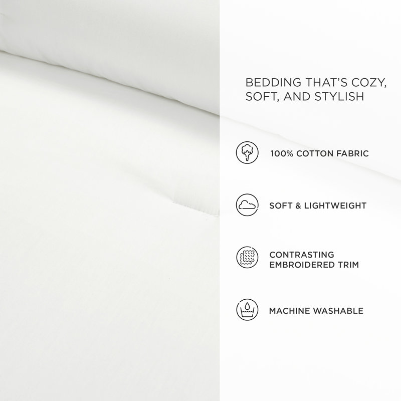 Hampton Double Flange Embroidered Contrast Edge Comforter 3 Pieces Set, White, King Comforter + 2 King Shams