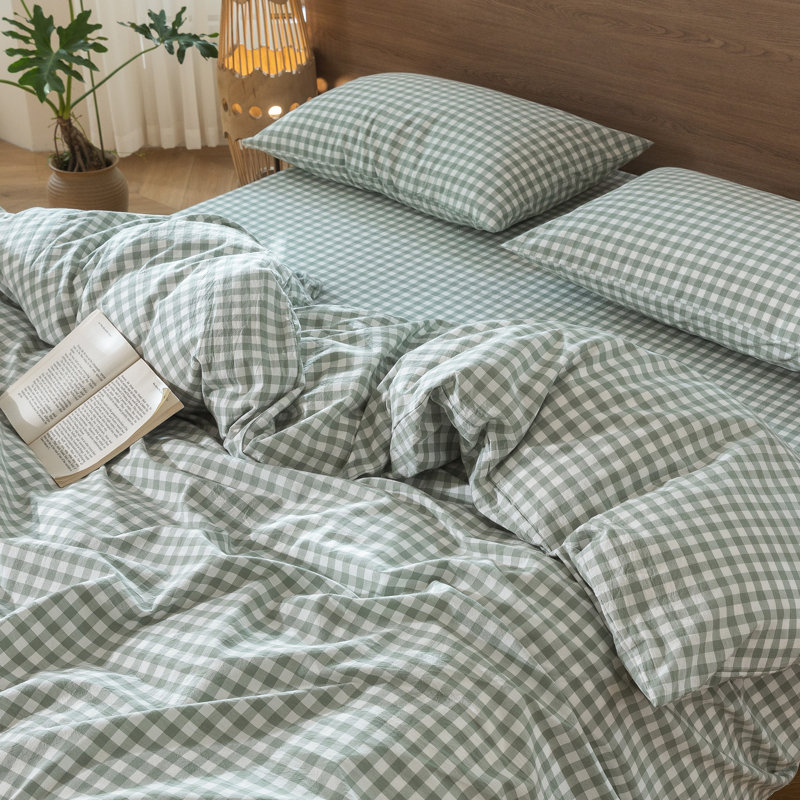 Ensemble de housse de couette en vichy Moomee 100% coton délavé, Housse de couette pour très grand lit et 2 taies 