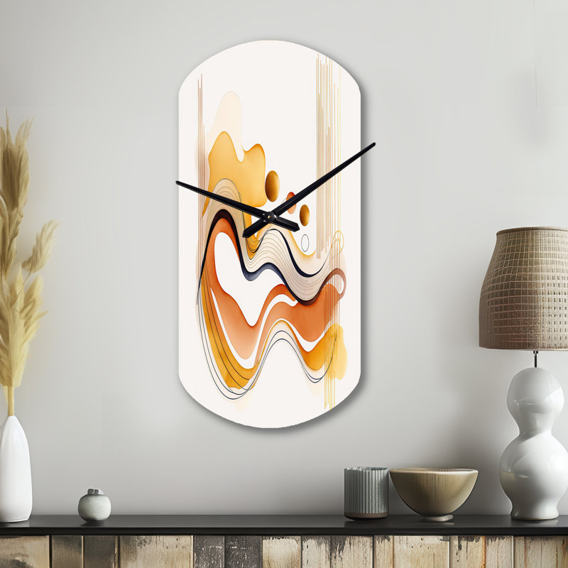 Burnt Orange Waves Abstract III - Cylinder Shape Large Abstract Minimalism 3D Wall Clock, Small