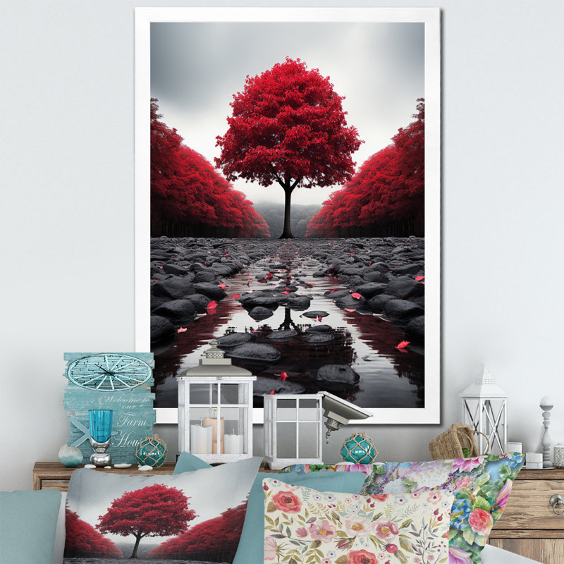 Rouge et gris forêt sérénité - art mural forêt, Cadre simple blanc, H 32 po x l 16 po x P 1 po