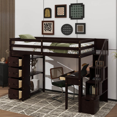 Wooden Twin Size Loft Bed With Desk Stairs Storage Drawers And Shelves by Harriet Bee