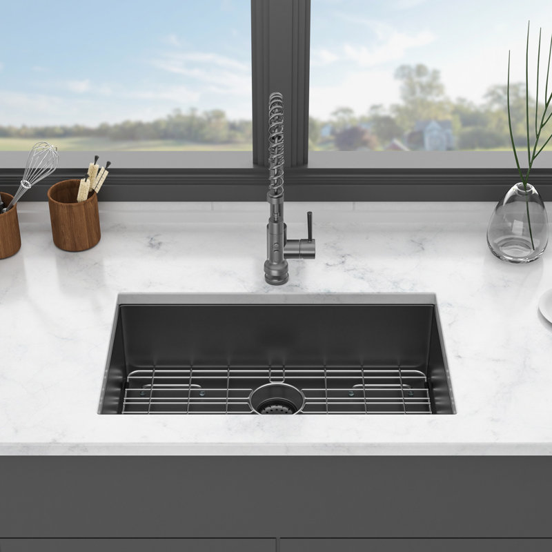 Gunmetal Black Kitchen Sink, 30 Inch, 16 Gauge Stainless Steel, Extra Deep Single Bowl For Enhanced Efficiency Inch Undermount With Condensation Spray And Soundproofing Pads