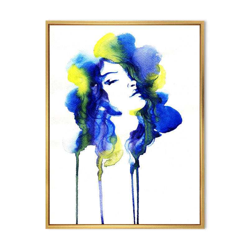 «Blue Yellow Ink Fashion Portrait» - œuvre d'art sur toile Glam, L 24 po x H 36 po, Toile avec cadre flottant or