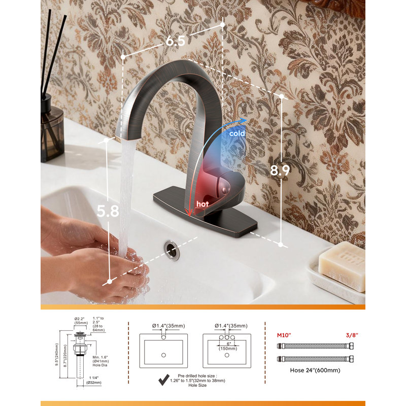 Robinet de lavabo à commande unique en laiton massif, robinet de lavabo à bec haut monotrou avec bonde escamotable