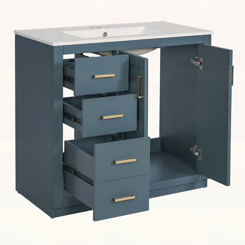 36'' Bathroom Vanity with Ceramic Sink,Wood Frame,Freestanding Storage Cabinet with 3 Drawers and Soft-Closing Doors, Blue