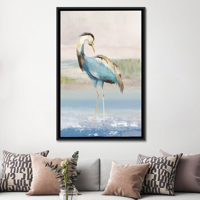 «Heron on The Beach I», reproduction sur toile, H 26 po x l 18 po x P 1,5 po, Toile avec cadre noir, Pas de tapis
