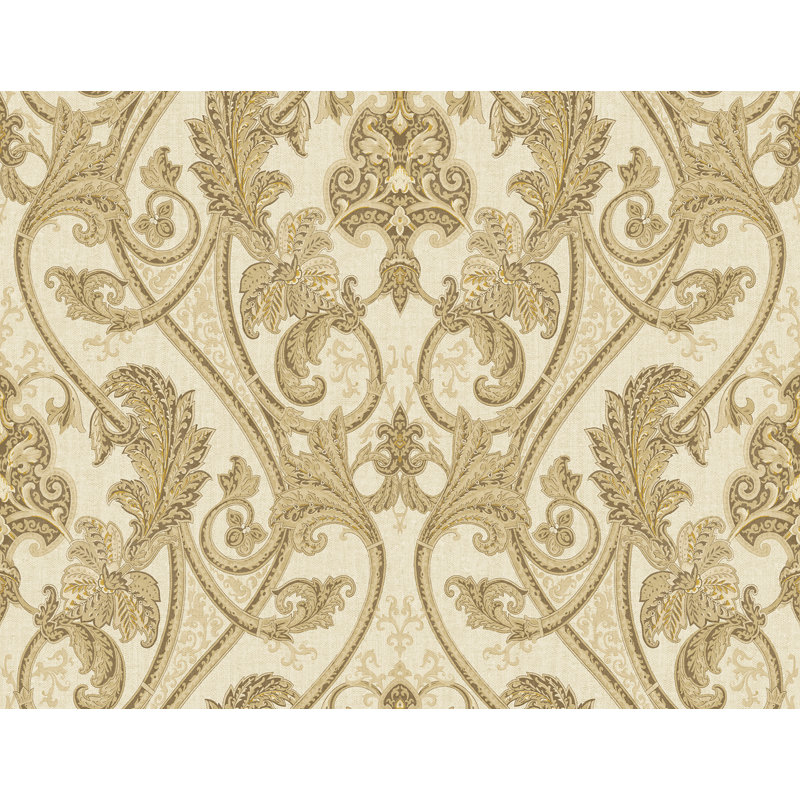  Designs Metallic Beige & Khaki Longthorpe Damask Unpasted Wallpaper, Metallic Beige/Khaki