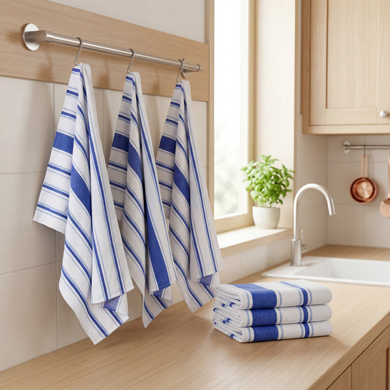 Striped Cotton Kitchen Towels, 6-Pack, 17.7 x 26.8 in Absorbent Dish Towels, Reusable Quick-Drying Cleaning Towels, Blue