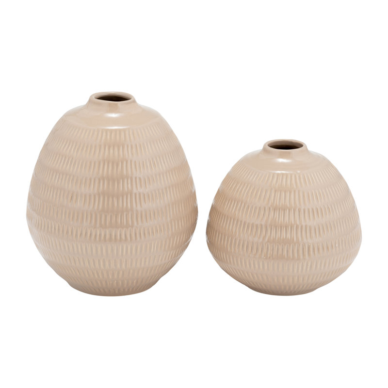 Evelia 7" W Ceramic Table Vase, 6" H x 6" W x 6" D, Striped Irish Cream