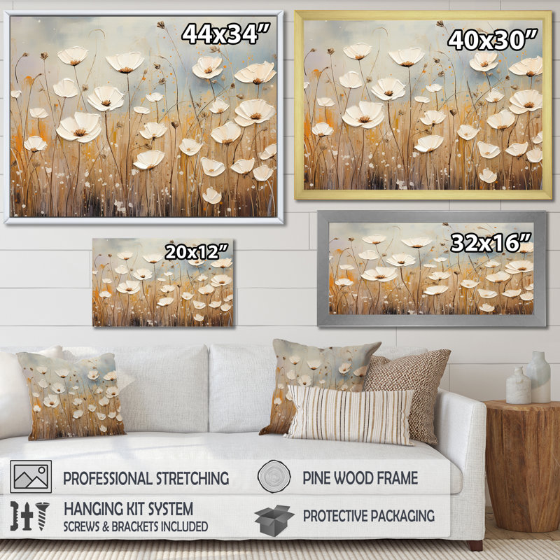 Beige fleurs de jardin murmures III, Cadre simple argenté, H 34 po x l 44 po x P 1,5 po