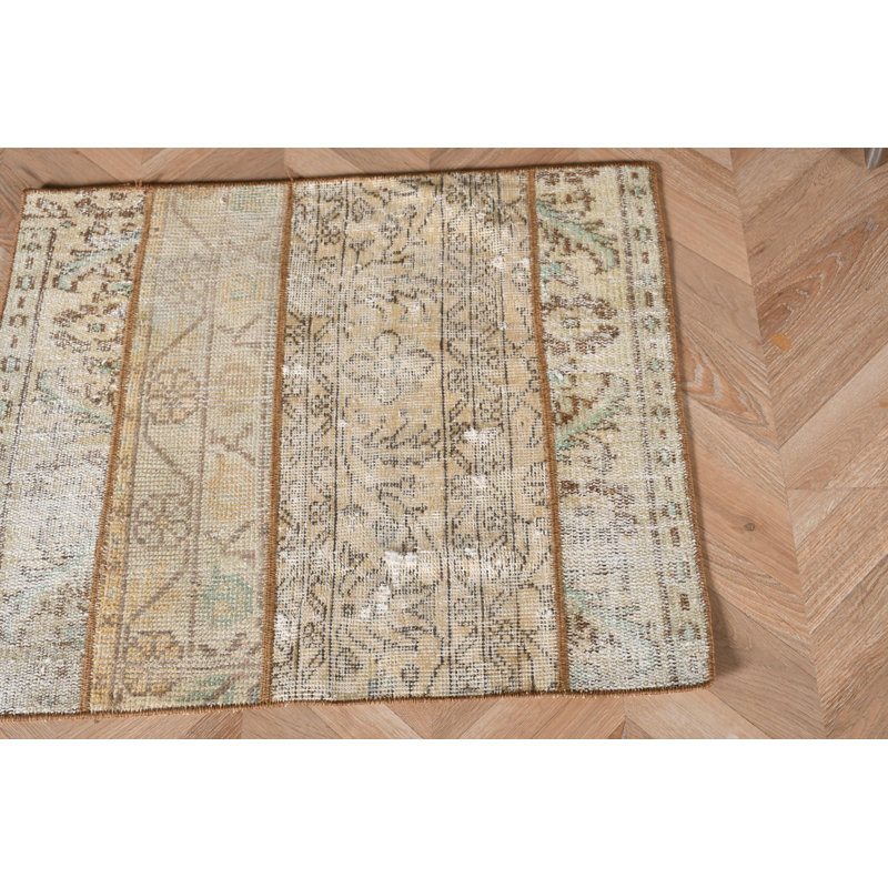 Vintage Turkish Patchwork Rug Handmade From Antique Wool Ideal For Entryway Or As Luxury Door Mat In Beige