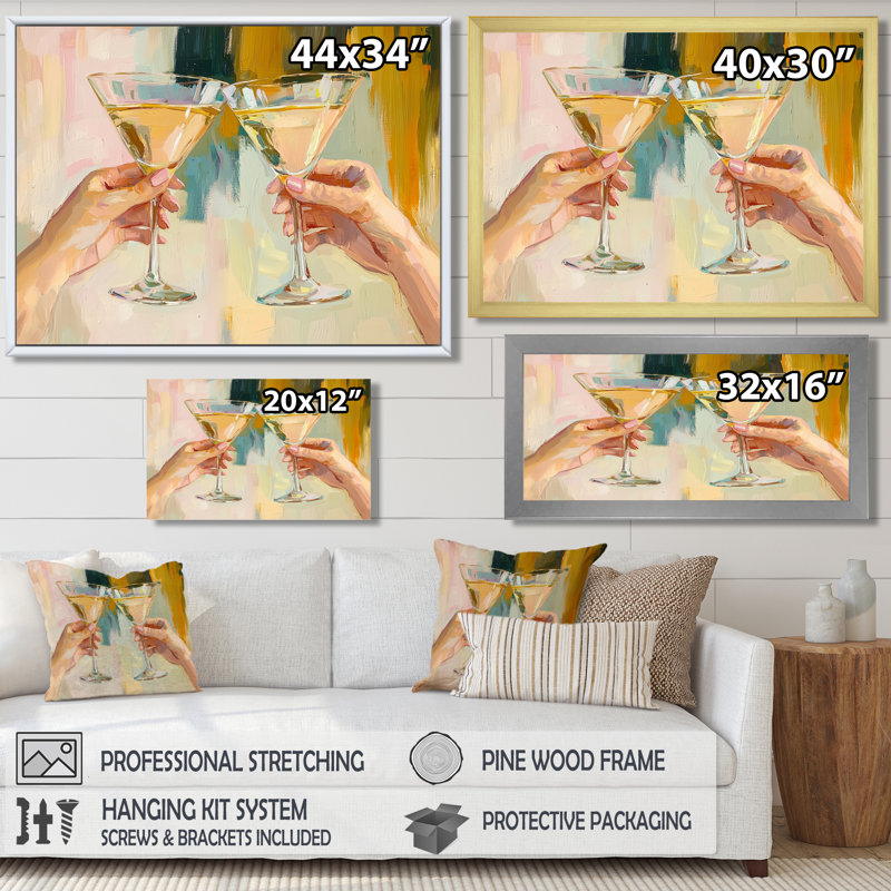 Martini Cocktail Glasses Friends - Impressions sur toile de couleur liqueur, H 12 po x l 20 po, Cadre flottant, Brun