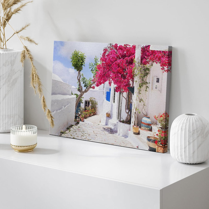 Architecture Building " IDEA4WALL Canvas Print Wall Art Santorini Greece Pink Flowers Nature Wilderness Photography Realism Landscape Scenic Bohemian Rustic Countryside Cityscape For Living Room, Bedroom, Office "